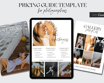 CANVA Photography Pricing Guide for wedding, family, portrait photographers | Modern and minimalist | Editable with Canva | Price List Sheet