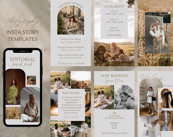 May include: A collage of Instagram story templates for photography services. The templates feature a variety of images, including a woman in a green dress, a couple sitting on a blanket, and a woman in a white dress. The text on the templates includes "Editorial sneak peek", "Kind Words", "Now Booking Spring Minis", and "Style Guide".