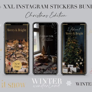 May include: A set of 250+ Christmas-themed Instagram stickers. The stickers feature images of a Christmas market, a Christmas tree, a gingerbread house, and a nutcracker. The text "250+ XXL INSTAGRAM STICKERS BUNDLE Christmas Edition" is at the top of the image. The text "WINTER wonderland" is at the bottom of the image.