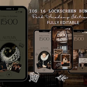 IOS 16 Editable Lockscreen wallpaper | Dark Academia Aesthetic | iPhone Widgets + Icons | Editable with Canva | Calendar Wallpaper Bundle