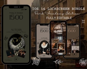 May include: Four different phone lock screen designs with a dark academia theme. The designs feature a black cat, a portrait of a person in a ruff collar, a library interior, and a group of people walking down a hallway. The text "AUTUMN is dark academy time" is featured on three of the designs.