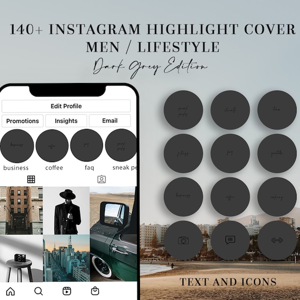 140+ Dark Instagram Highlight Covers | Lifestyle, Boss Edition with handwritten text and icons | Black Highlight Icons +3 custom cover