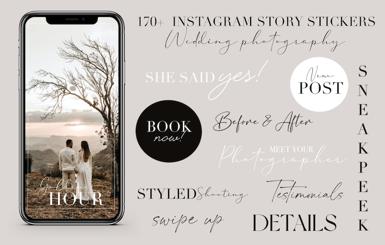 170 Instagram Story Stickers for Photographers, Wedding photography Family Minimalist Text Story Sticker Black & White Fotograf image 1