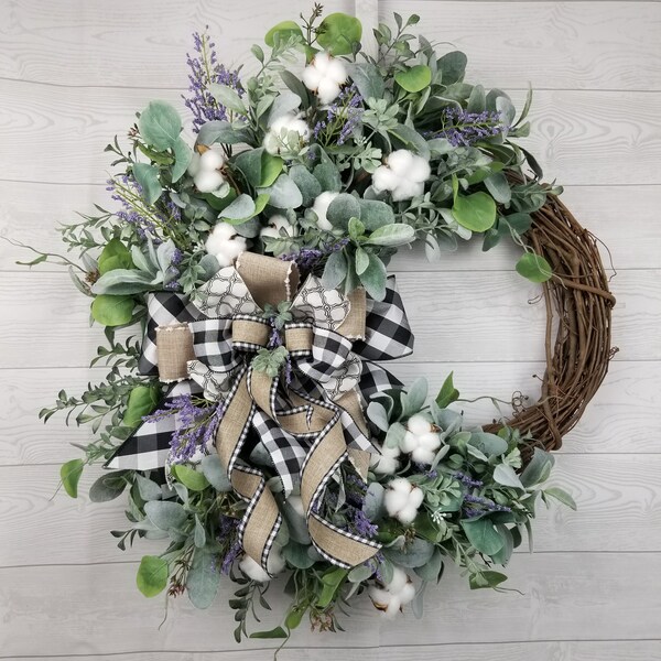 Farmhouse Wreath, Rustic Lambs Ear Wreath, Buffalo Plaid Wreath, House Warming Gift, Spring Wreath, Summer Wreath