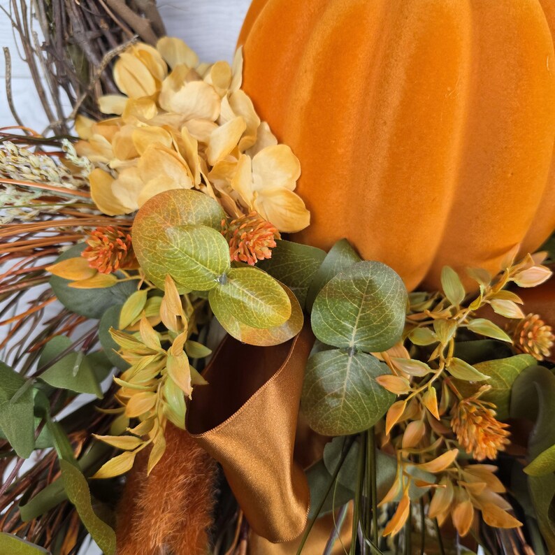 Fall Wreath for Front Door, Orange Velvet Pumpkin Grapevine Wreath ...