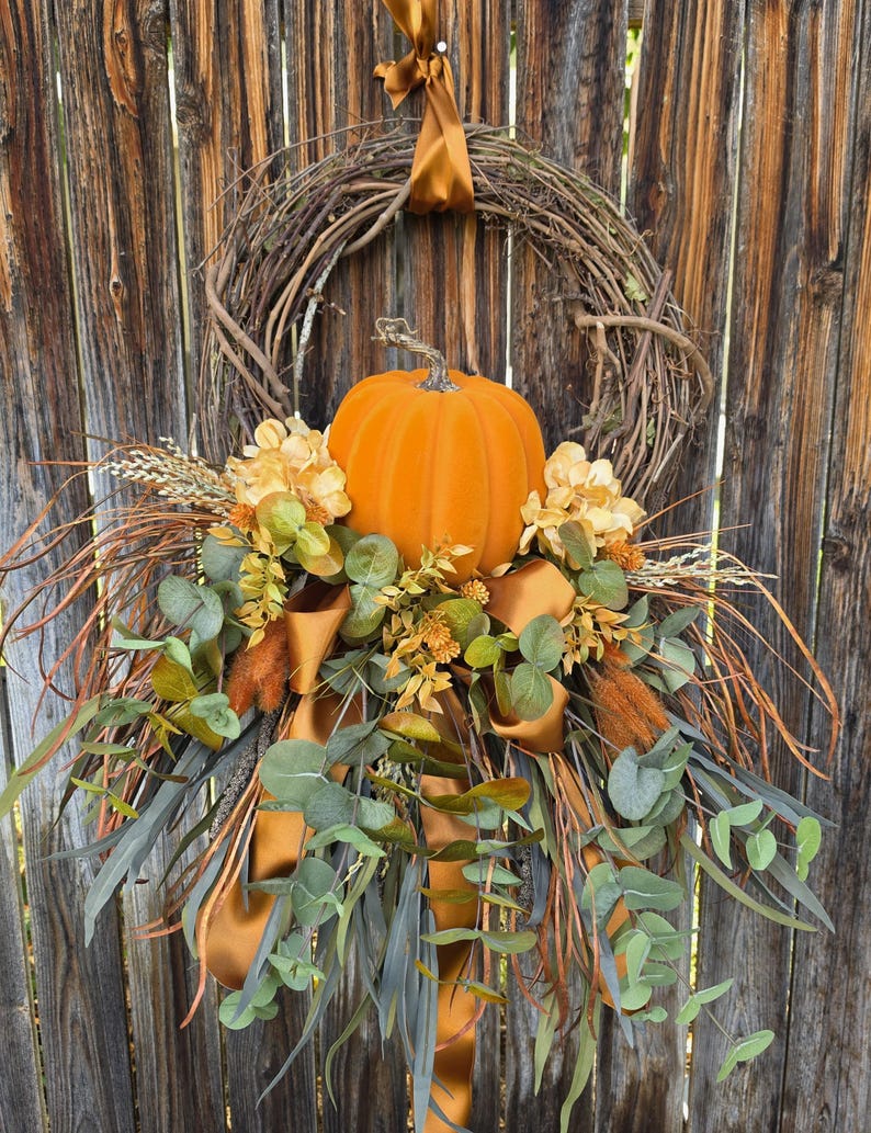 Fall Wreath for Front Door, Orange Velvet Pumpkin Grapevine Wreath ...