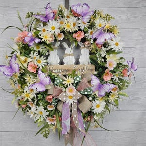 Wreath, Easter Wreath, Bunny Wreath, Happy Easter Wreath, Spring Wreath, Pink and yellow Flowers Wreath, Daisy Wreath