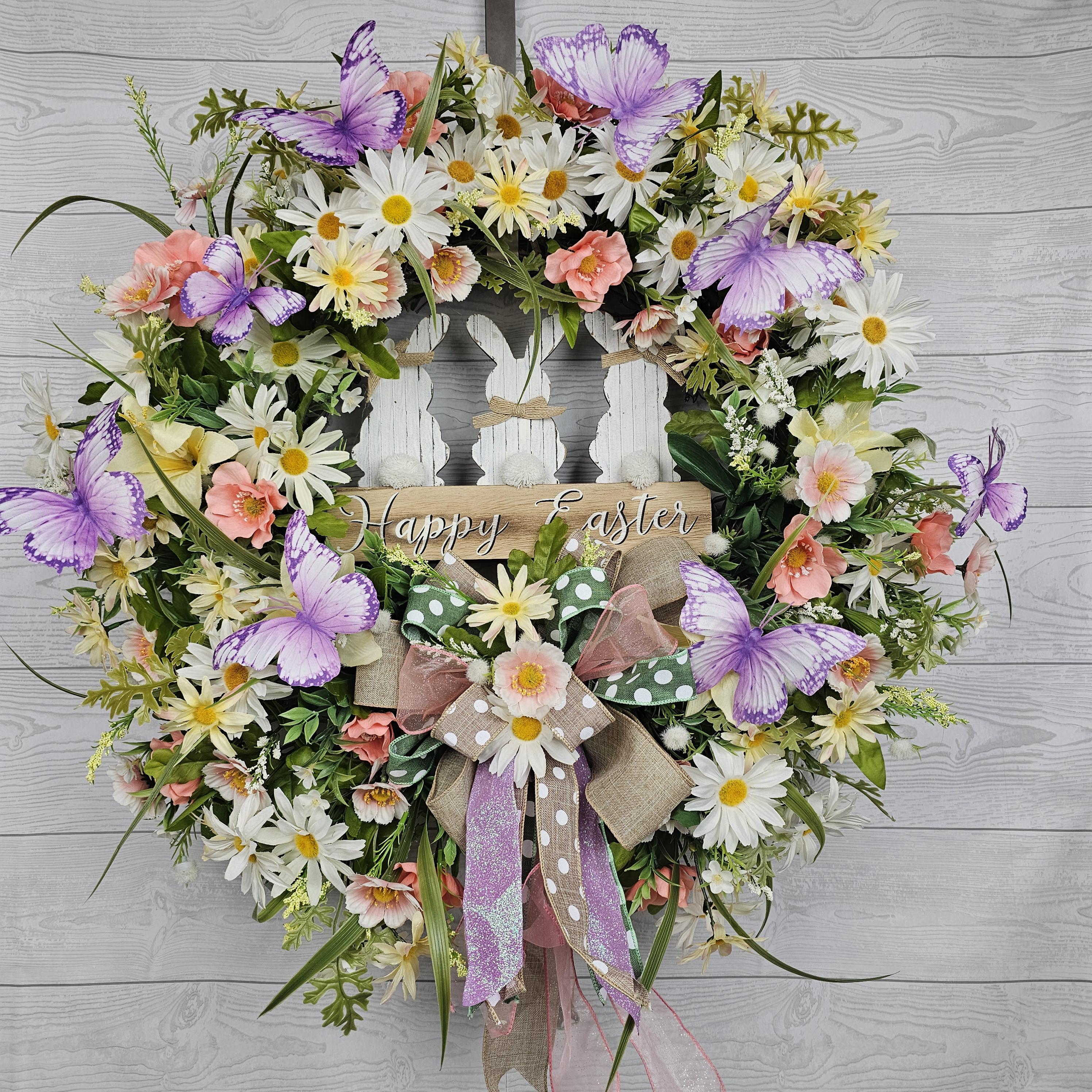 Happy Easter Three Bunny Grapevine Wreath
