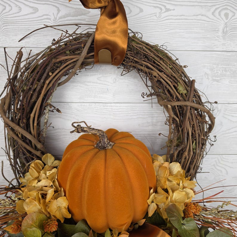 Fall Wreath for Front Door, Orange Velvet Pumpkin Grapevine Wreath ...