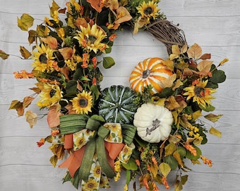 Sunflower Pumpkin Fall Wreath for Front Door, Farmhouse Grapevine Wreath, Green White Orange Pumpkins, Sunflower Ribbon Bow
