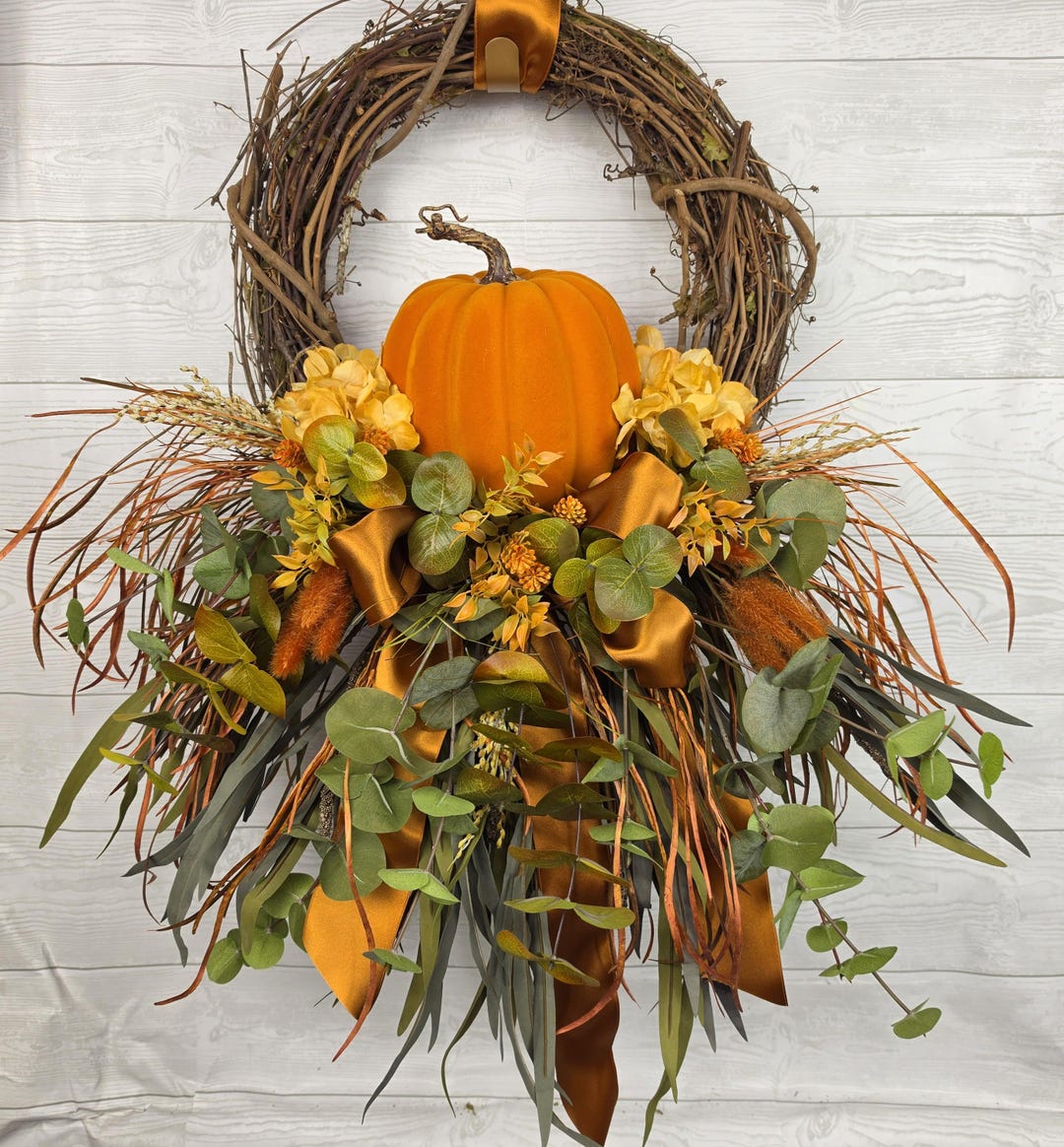 Fall Wreath for Front Door, Orange Velvet Pumpkin Grapevine Wreath ...