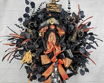 Witch Halloween Wreath for Front Door, Black Grapevine Wreath, Black Roses, Witch Hat Picks, Glow in the Dark Ribbon, Spooky Decor