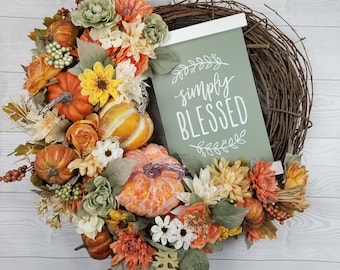 Fall Wreath, Fall Welcome Wreath, Simply Blessed Wreath, Front Door Wreath, Pumpkin Wreath, Autumn Wreath, Wreath