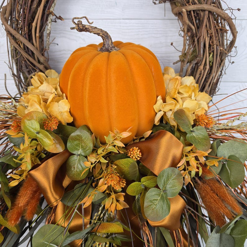 Fall Wreath for Front Door, Orange Velvet Pumpkin Grapevine Wreath ...