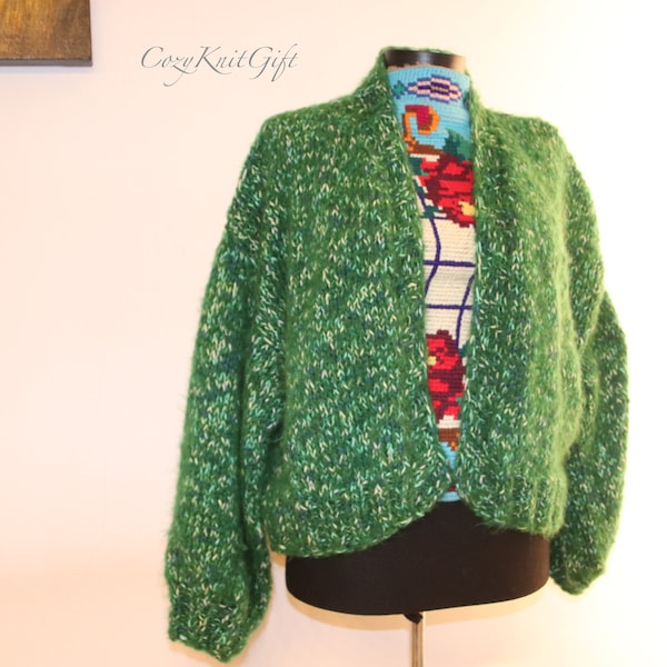 Hand Knitted Cadigan , Green Luxury Cardigan , Green Mohair Cardigan , Handcrafted Green Bomber , Boho Cardigan , Oversized cardigan