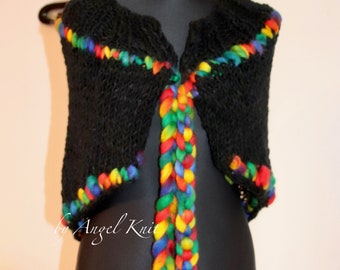 Hand Knitted Shrug , Black and rainbow Shrug , Chunky Bolero , Rainbow Shrug , Fashion Cape , Cool shawl , Hand knit Bolero