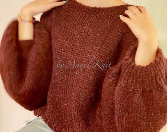 Hand Knit Alpaca Silk Sweater, Burgundy Oversized Pullover