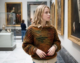 Sweter z wełny merynosów robiony ręcznie, brązowy, w stylu boho, rozmiar S-M
