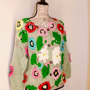 Colourful Cardigan , Mohair Floral Cardigan , Mother gift , Sister gift , Crochet flower cardigan