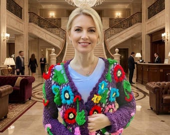 Cárdigan de ganchillo hecho a mano, jersey hippie de patchwork floral colorido