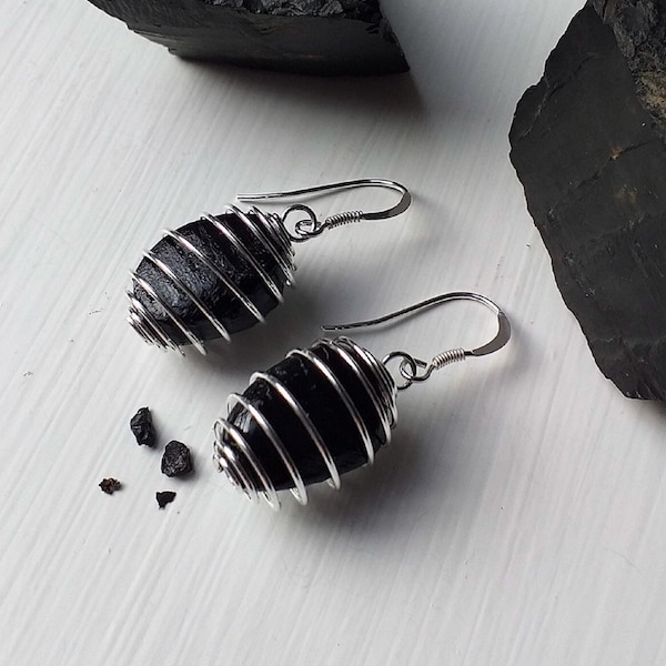 Real Coal Earrings, 925 Sterling Silver Spiral Coal Earrings, English Anthracite Coal Drop Earrings, Hand Carved Natural Jet Coal Earrings