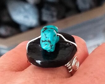 Blue Turquoise Coal Stone Ring Sterling Silver Carved Natural - Etsy