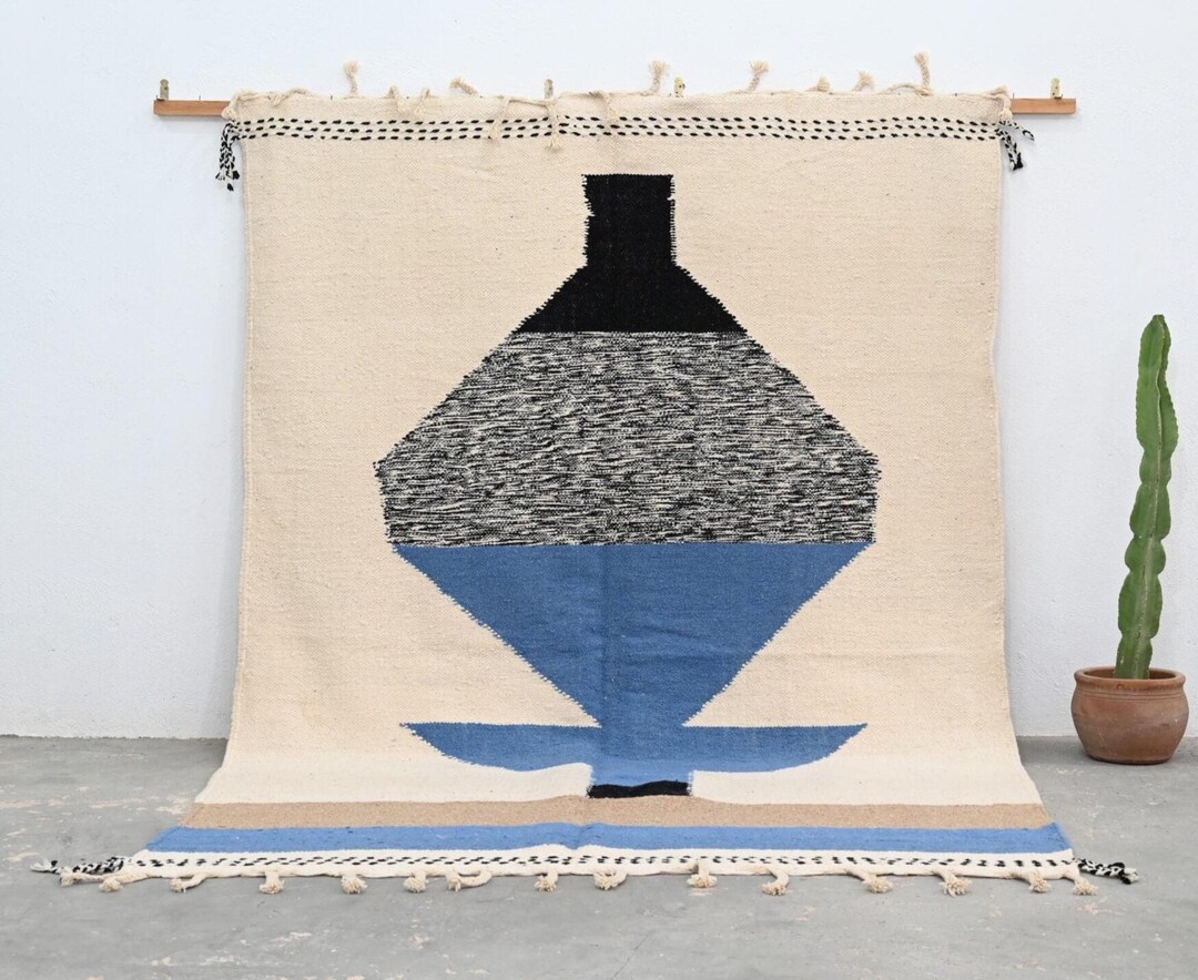 Moroccan Kilim Rug, Modern Handwoven Blue Black Geometric Pattern ...
