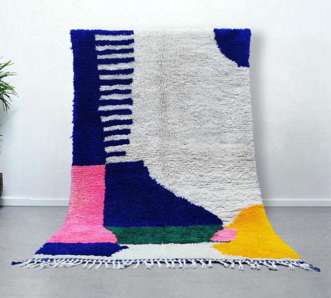 Moroccan Wool Rug – Color Block Design in Blue, Pink, Green, Yellow ...