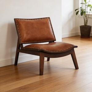 Handmade Teak Wood Lounge Chair, Full Grain Leather | Mid Century Modern Low Accent Chair