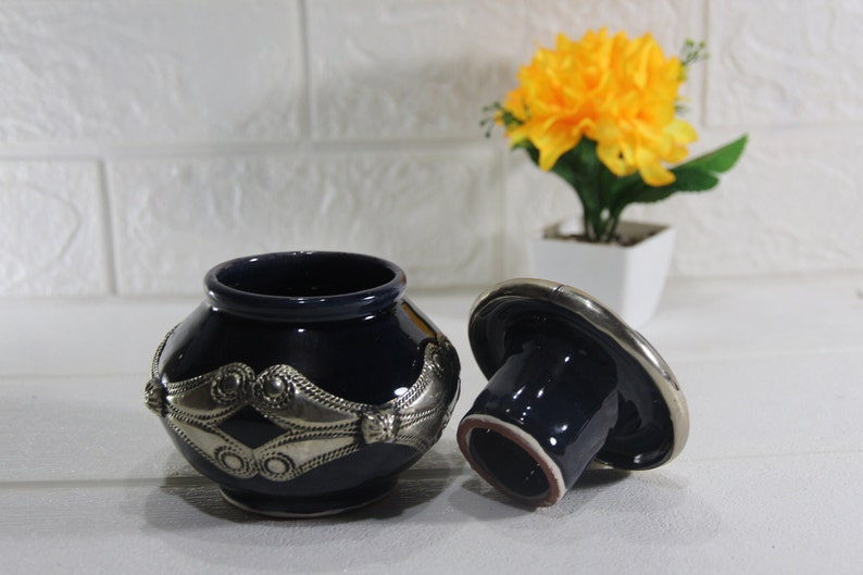 Ceramic Moroccan Ashtray with Metal Dark Blue