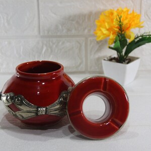 Ceramic Moroccan Ashtray with Metal Red