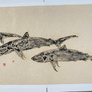 Shark School  -  Gyotaku  -  Japanese Fish Print  - Japanese Art - Fish Painting