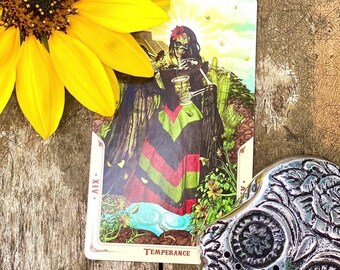 Pode incluir: Uma carta de tarô com uma figura de esqueleto com uma flor vermelha no cabelo, segurando um cálice. A carta é rotulada como "Temperança" e é cercada por um girassol amarelo e uma caveira prateada.