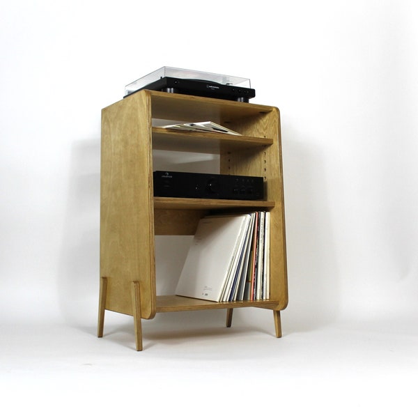 DEPTFORD - Record Storage With Shelves - Wooden Turntable Stand - Mid Century Modern - Birch Plywood - Custom Sizes & Colours