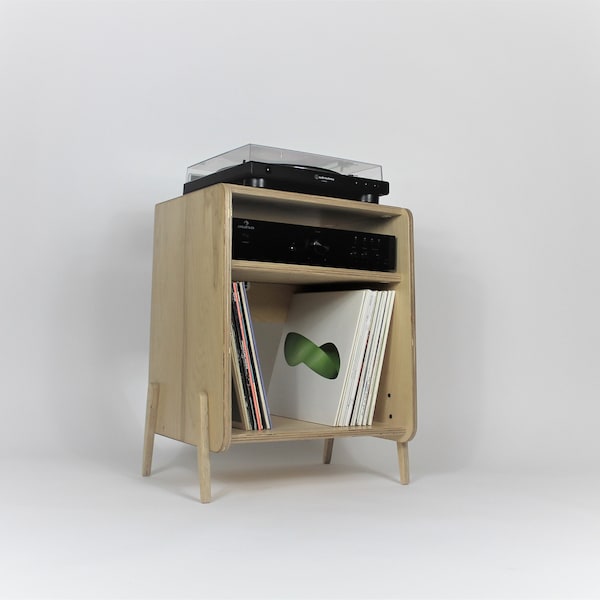Birch Plywood Record Player Stand: Mid-Century Modern Vinyl Storage