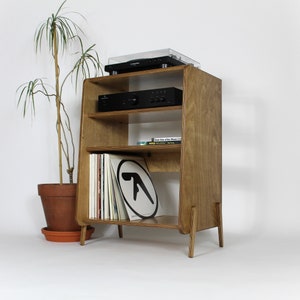 Mid Century Modern Vinyl Record Storage Cabinet: Wooden Turntable Stand