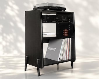 Oak Record Player Stand, Mid Century Vinyl Storage Cabinet with Amplifier Shelf - Custom Sizes - GINZA Premium