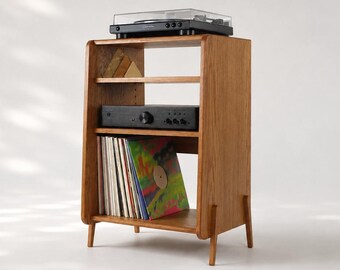 Oak Record Player Stand with Storage, Mid Century Vinyl Turntable Cabinet - Custom Sizes & Colours - GINZA Premium
