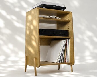 Mid Century Record Storage Cabinet, Birch Plywood Turntable Stand with Adjustable Shelf - Custom Sizes - GINZA