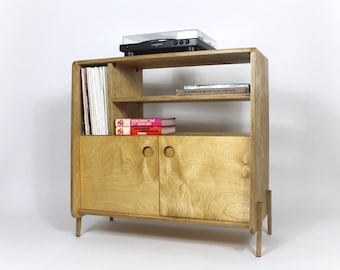 Mid Century Record Player Cabinet with Doors, Birch Plywood Turntable Sideboard - Custom Sizes & Colours