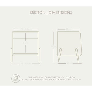 May include: Line drawing of a two-drawer cabinet with dimensions labeled in inches. The cabinet is 40-60 inches wide, 34 inches tall, and 48-68 inches deep. The text "BRIXTON | DIMENSIONS" is at the top of the image.