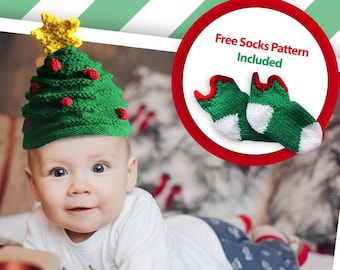 Christmas Crochet Pattern Hat, Christmas Tree hat for Newborn to Toddler, Fun christmas project , Knited christmas hat and socks pattern pdf