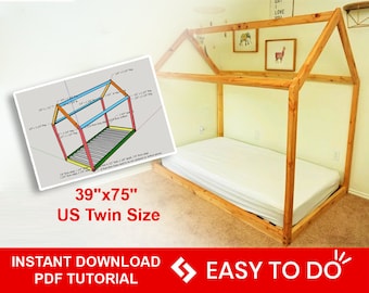 Montessori house bed plan, Twin Bed Plan, Toddler Bed, House Bed Frame , DIY Wooden Floor Bed for Kids Bedroom ,Montessori bed project