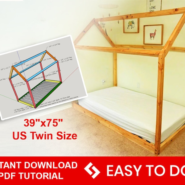 Montessori house bed plan, Twin Bed Plan, Toddler Bed, House Bed Frame , DIY Wooden Floor Bed for Kids Bedroom ,Montessori bed project