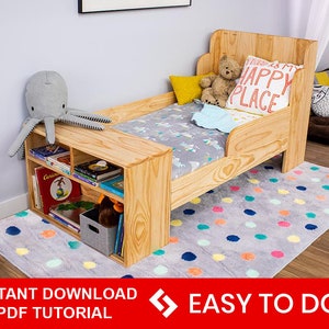 Toddler Bed with Built-In Shelves Bed PLAN and Tutorial, Montessori bed plan, Kids room furmiture plan,  INSTANT DOWNLOAD