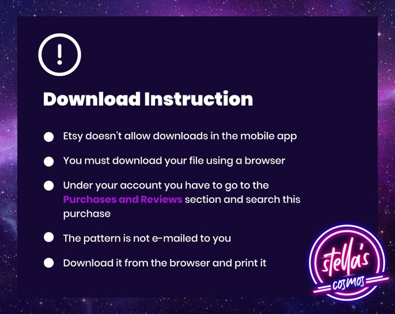 K&ouml;nnte beinhalten: Eine lila und wei&szlig;e Grafik mit einem wei&szlig;en Ausrufezeichen in einem Kreis. Der Text "Download Instruction" ist in fetten wei&szlig;en Buchstaben. Der Text darunter ist eine Liste von Anweisungen, wie man einen digitalen Kauf bei Etsy herunterl&auml;dt. Die letzte Textzeile lautet "stella's COSMOS".