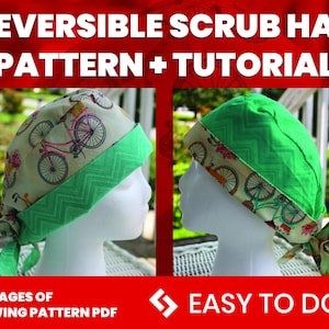 Könnte beinhalten: Ein reversibles Scrub-Hut-Nähmuster und -Tutorial. Der Hut ist auf der einen Seite grün und auf der anderen Seite mit einem Fahrrad bedruckt. Das Muster umfasst 10 Seiten mit Anweisungen. "EASY TO DO" steht unten auf dem Bild.