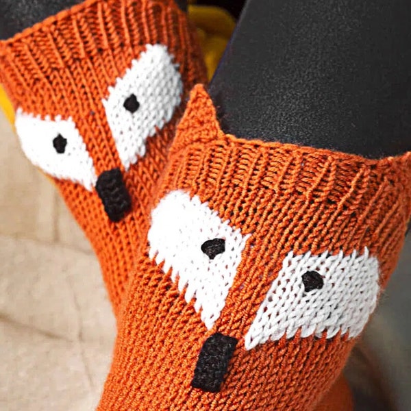 Modèle de chaussettes tricotées de renard pour dames, modèle de chaussettes en tricot, modèle de tricot de chaussettes de cheville Foxy Lady Téléchargement instantané, modèle de chaussettes animales