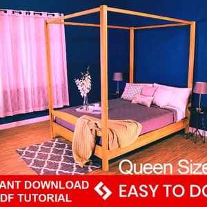 Modern queen size Bed Plan, Queen Bed project, Canopy bed with curtains, Bedroom Furniture, Bed Wood Bed Frame Wood Canopy Bed DIY Bed