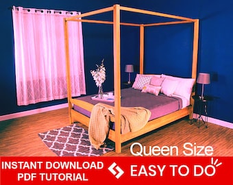 May include: A wooden queen-size canopy bed frame with a light gray mattress, a beige throw blanket, and a patterned rug. The bed is in a room with a blue wall and white curtains.